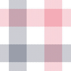 Buffalo check plaid in grey, pink, white. Seamless light pastel herringbone textured vector for spring and summer flannel shirt, skirt, dress, blanket, tablecloth, other modern fashion textile print.