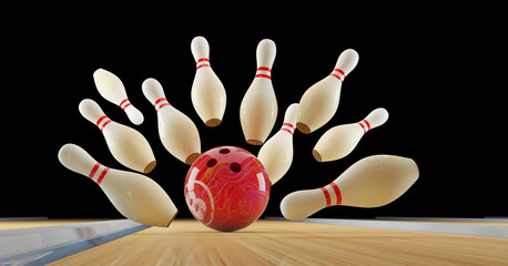 bowling strike. Skittles and bowling ball on the track