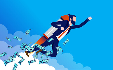 Businessman with financial success - Man with jet pack flying in blue sky with lots of money. Business and career motivation concept. Vector illustration.