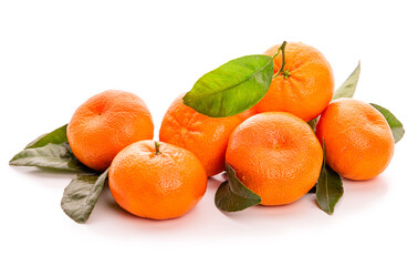 Tangerines with leaves. Tangerine slices. Isolate on white background 
