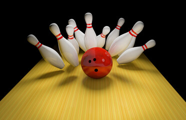 bowling strike. Skittles and bowling ball on the track