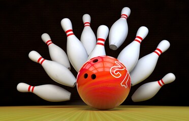 bowling strike. Skittles and bowling ball on the track