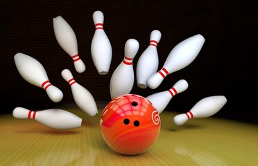 bowling strike. Skittles and bowling ball on the track
