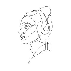 continuous single drawn one line. girl woman listens to music with headphones hand-drawn picture silhouette. Line art. doodle