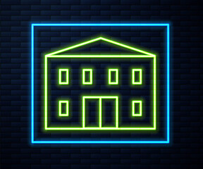 Glowing neon line School building icon isolated on brick wall background. Vector Illustration.