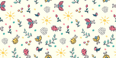 Cute ladybug seamless pattern. Ladybird cartoon character childrens illustration. Lady-beetle floral summer vector pattern with insects, sun, plants for kids, baby, textile, fabric, packaging