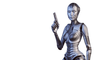 3d render of detailed robot woman or cyber girl threatening with a gun. Upper body isolated on white background with copy space for text