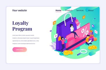 Isometric landing page design concept of Loyalty marketing program with character, Discount and loyalty card, rewards card points and bonuses. vector illustration