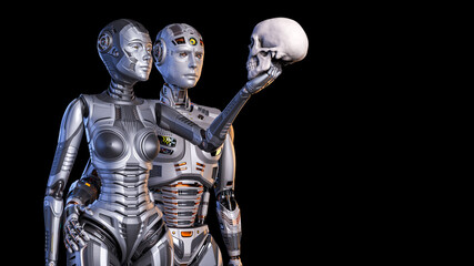 3d render of two detailed robots man and woman holding a human's skull while looking at it. Upper bodies isolated on black background with copy space for text