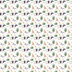 Watercolor seamless pattern with cute farm animals. Hand drawn hand painted realistic watercolor  illustrations. Great for background, textile, fabric, paper design and scrapbooking. 