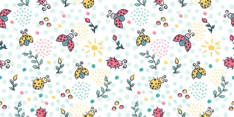Cute ladybug seamless pattern. Ladybird cartoon character childrens illustration. Lady-beetle floral summer vector pattern with insects, sun, plants for kids, baby, textile, fabric, packaging © svitlananiko