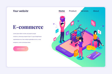 Modern flat isometric design concept of E-commerce. People buying products in the online store, Online Shopping concept for website and mobile website. Landing page template. vector illustration