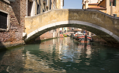 View of the streets of Venice with gondolas. Italy