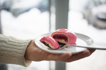 pink heart cut mousse cake