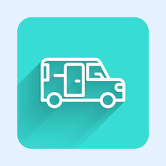 White line Minibus icon isolated with long shadow. Green square button. Vector.
