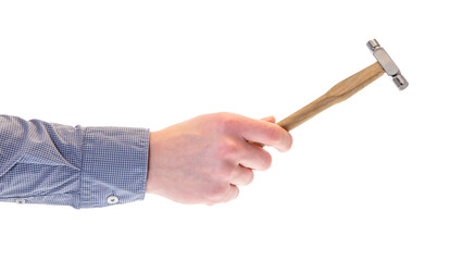 hand holding a hammer isolated on white background 