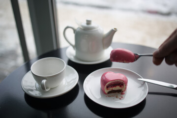 pink heart cut mousse cake