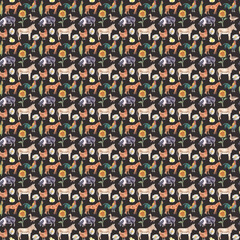 Fototapeta premium Watercolor seamless pattern with farm animals, colorful and bright surface pattern design. Great for paper, textile, fabric, packaging or scrapbook design. Digital paper. Cute farm animals for kids