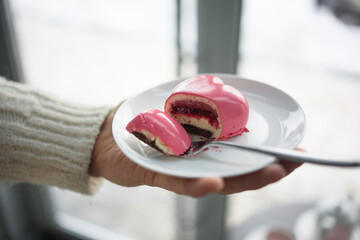 pink heart cut mousse cake