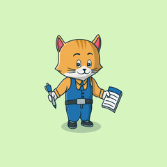 Cute orange cat cartoon character wearing blue clothes holding a notebook and pen