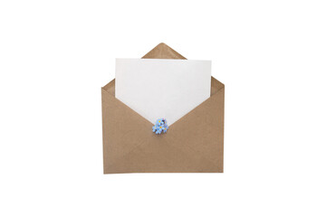 Kraft paper envelope with white blank card and blue forget-me-nots flowers
