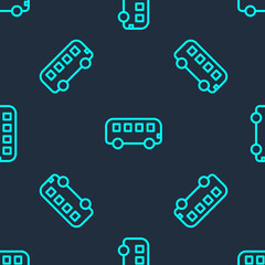 Green line Bus toy icon isolated seamless pattern on blue background. Vector.