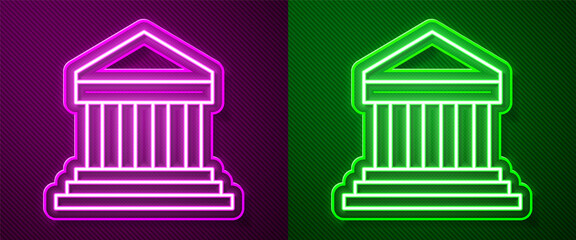 Glowing neon line Parthenon from Athens, Acropolis, Greece icon isolated on purple and green background. Greek ancient national landmark. Vector.
