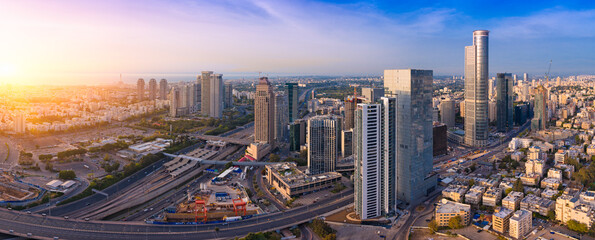 Fototapeta premium Tel Aviv Cityscape Aerial View At Sunset, Israel
