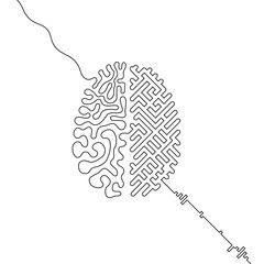 Human brain vs artificial intelligence continuous line drawing concept, Ai and organic brain hemispheres wired together, single line neurointerface icon, humanity and machines interconnection