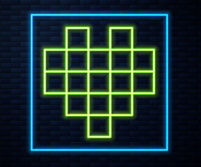 Glowing neon line Pixel hearts for game icon isolated on brick wall background. Vector.
