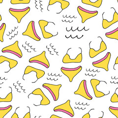Doodle Women swimsuit seamless pattern. hand drawn drawing of a swimsuit isolated on a white background. Summer clothing for swimming Vector illustration