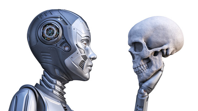 3d render of detailed robot woman  or humanoid cyber girl holding human's skull. Side closeup view of the upper body isolated on white background