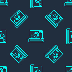 Green line Photo camera icon isolated seamless pattern on blue background. Foto camera icon. Vector.