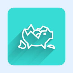 White line Broken piggy bank icon isolated with long shadow. Icon saving or accumulation of money, investment. Green square button. Vector.