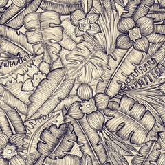 Seamless pattern of tropical leaves, drawn in pencil. 