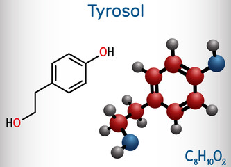 Tyrosol, phenylethanoid, antioxidant molecule. It is an anti-arrhythmia, a cardiovascular drug, a protective agent. Structural chemical formula and molecule model