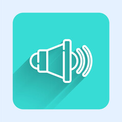 White line Speaker volume, audio voice sound symbol, media music icon isolated with long shadow. Green square button. Vector.