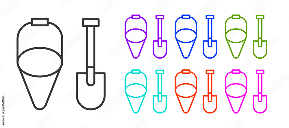 Sticker Black line Fire shovel and cone bucket icon isolated on white background. Set icons colorful. Vector.