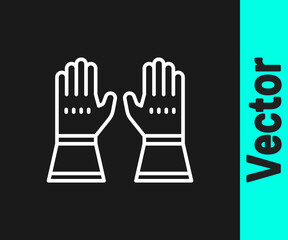 White line Firefighter gloves icon isolated on black background. Protect gloves icon. Vector.