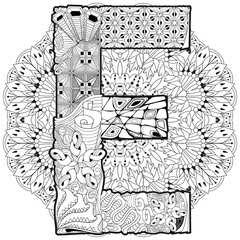 Mandala with letter E for coloring. Vector decorative zentangle