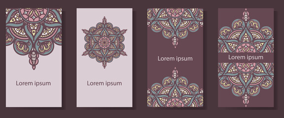 Mandala. Ethnic mandala ornament on postcard, invitation. Set of four backgrounds with oriental pattern. 