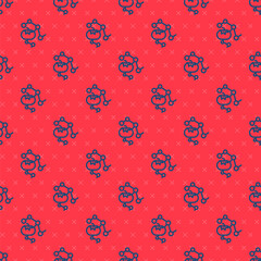 Blue line Genetically modified food icon isolated seamless pattern on red background. GMO fruit. Vector.