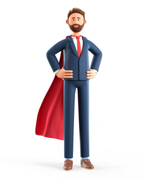 3D illustration of standing powerful man in superhero cape. Portrait of cartoon smiling bearded super business hero, isolated on white.
