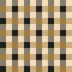 Gingham pattern autumn design in gold, black, beige. Seamless textured check plaid for flannel shirt, skirt, blanket, tablecloth, gift wrapping, or other modern fashion textile print.