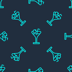 Obraz premium Green line Martini glass icon isolated seamless pattern on blue background. Cocktail icon. Wine glass icon. Vector.