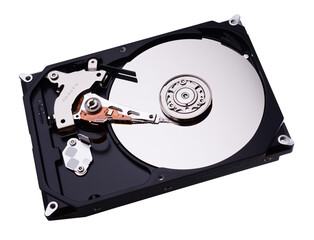 computer hard disk inside view with mirrored blank disks on which data is recorded and a magnetic...