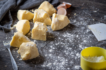 Italian gnocchi preparation steps: Homemade gluten free mashed potato puree dough divided into...