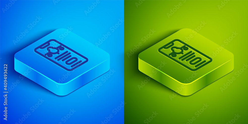 Poster isometric line smartphone with electronic boarding pass airline ticket icon isolated on blue and gre