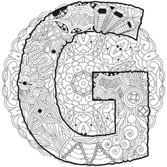 Mandala with letter G for coloring. Vector decorative zentangle