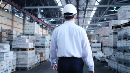 Follow footage of employees male warehouse worker engineer in hard hat working. walking through logistics center warehouse factory construction site logistics architect businessman man builder indoors